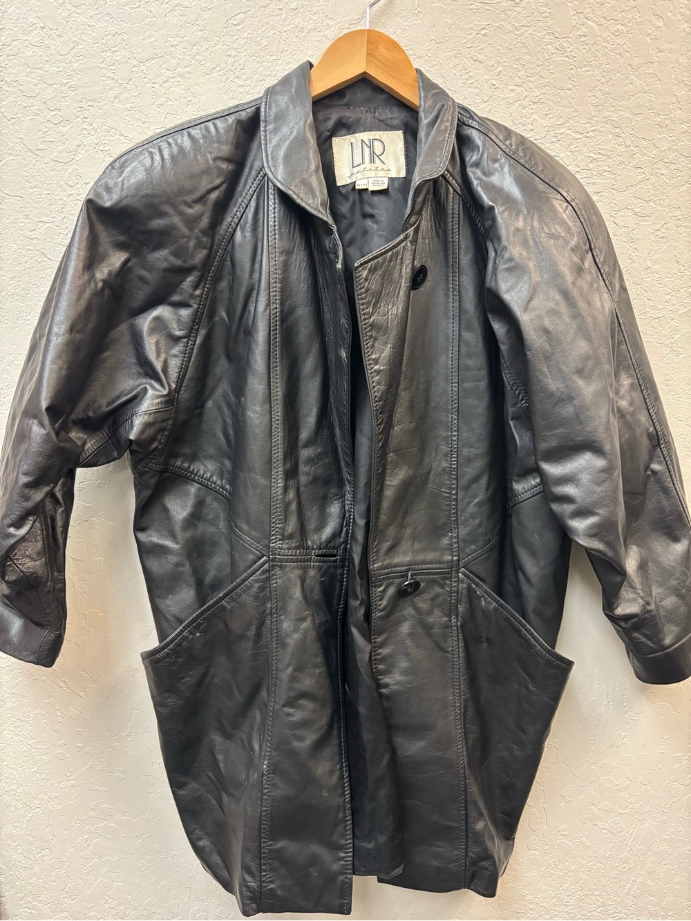 Vintage 80's LNR Women's Leather Black Coat Trench Jacket Overcoat Soft USA peti
